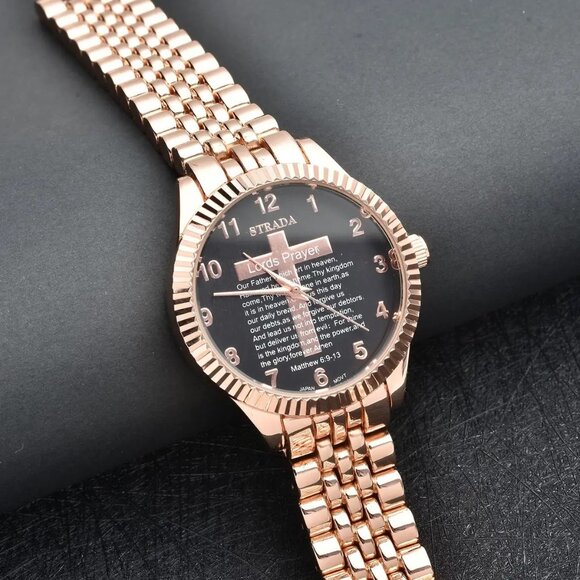 Strada Japanese Movement Cross Lords Prayer Pattern Dial Watch in Rosetone Strap - Picture 2 of 7